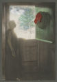 Mrs. d'Autremont standing beside an open Dutch door with a Christmas wreath hanging off of it