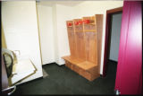 Wooden cupboards in the UMD men's hockey locker room at the Duluth Entertainment Convention Center (DECC)