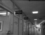 A hallway in Kirby Student Center with signs for different informational offices