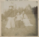 Judith and Irma Hartley sitting on a bench with Florence Winchester standing beside them