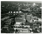 Campus Views. Minneapolis Campus. Aerial of Medical buildings, West Bank and dowtown