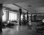 A Christmas tree and other decorations in Kirby Student Center lounge