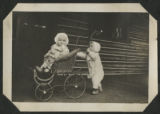 Baby pushing another baby in a stroller on the front porch of the cabin at the maple sugar camp in Trout Lake
