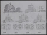 Mobile County-City Government Building Competition: View from Northeast, Transverse Section, East Elevation, North Elevation, West Elevation, Fifth Floor Plan, Sixth Floor Plan, Seventh Floor Plan, and Eighth Floor Plan: Sheet 2