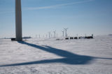 Round hay bales and wind turbines in winter on Buffalo Ridge, Pipestone County, Minnesota.