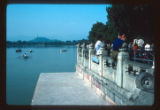 Beijing summer palace lakeside wall and hill with distant pagoda