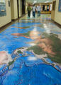 Group of people walking on the newly installed Heller Hall map