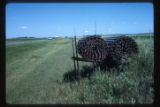 Snow fence rolled for summer in roadside storage