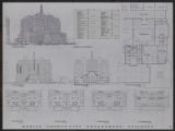 Mobile County-City Government Building Competition: View from South, Building Areas Tabulation, South Elevation, Longitudinal Section, Courtroom Floor Plan, Ninth Floor Plan, Tenth Floor Plan, Eleventh Floor Plan, and Twelfth Floor Plan: Sheet 3