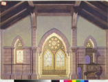 Cathedral interior backdrop with light streaming through stained glass windows.