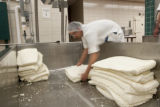 Making cheddar cheese in the Pilot Plant in the Food Science and Nutrition Building, St. Paul campus, University of MInnesota.