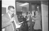 Bill Wolpert, with others, in front of JHSUM offices at the JHSUM dedication of the Kaplan Family History Center at the Sabes JCC. Minneapolis, Minnesota.
