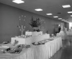 Event decorations on a long table in UMD cafeteria