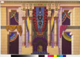 Egyptian backdrop with hanging tapestries and a central throne.