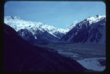 Hooker Valley and Mount Cook, Mueller Glacier moraines. View North.