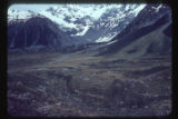 View west southwest up middle stretch of Mueller Glacier from east wall of Hooker valley.