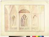 Cathedral interior with three stained glass windows.