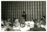 Carol Wertscager gives a speech at a meeting of the Duluth chapter of Hadassah, Duluth, Minnesota