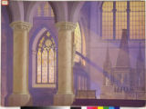 Cathedral backdrop with sunlit stained glass.