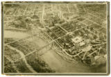 Plan 6, Aerial View Showing Plan for Northrop Auditorium with a Gabled Roof, the Mall and the Mississippi River